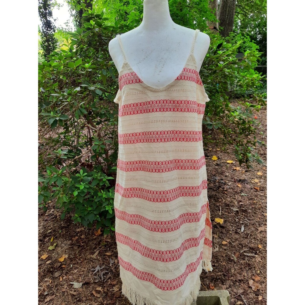 Jaline Resort Handwoven Cotton Dress Cover Up One Size Oaxaca Red Cream Fringe